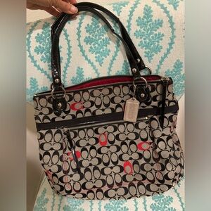 Coach signature jacquard black and red toteEUC no call outs msrp 299
